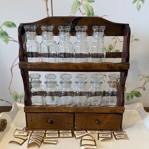 Vintage Wooden Two-Tier Spice Rack Two Drawers - Apothcary Glass Jars - Japan